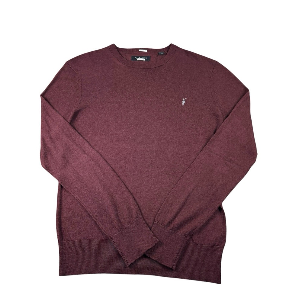 Allsaints Maroon Stretch Wool Blend Ram Logo Mens Lightweight Crewneck M
